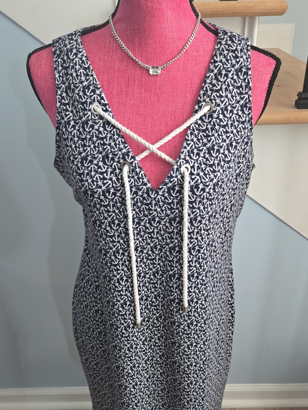 Nautica Navy & White Anchor-Print Dress / Bathing Suit Coverup - Med - Like New